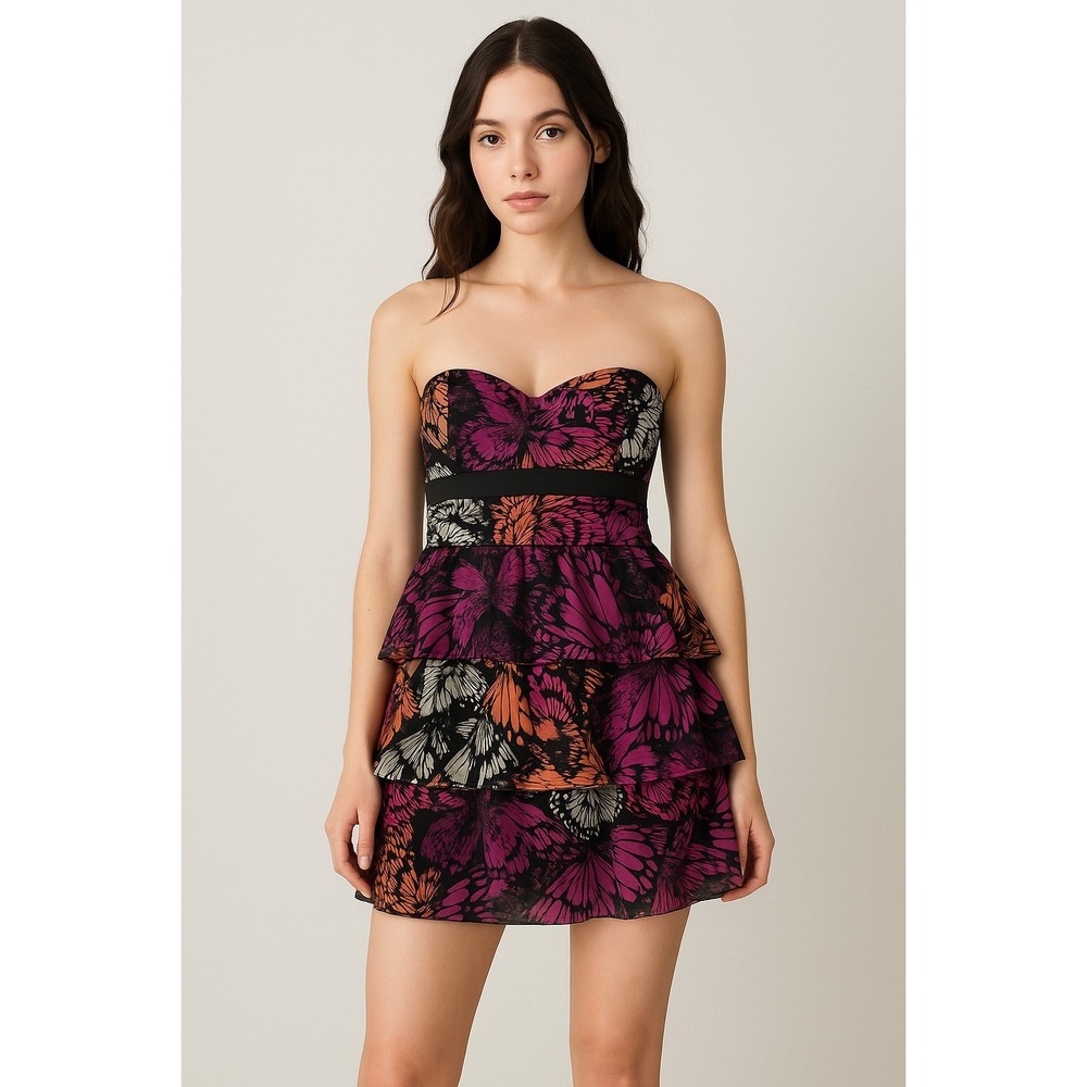 Forever 21 VTG Y2K Butterfly Print Chiffon Tiered Ruffle Dress Fairy Glam Large